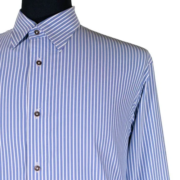 Mens Shirt Button Up Blue White Striped Silky Dress Casual Beach Handmade Large - Picture 4 of 7